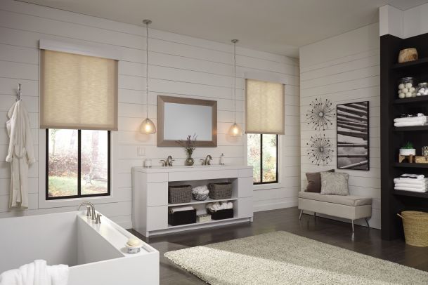 Bathroom with shades Lutron