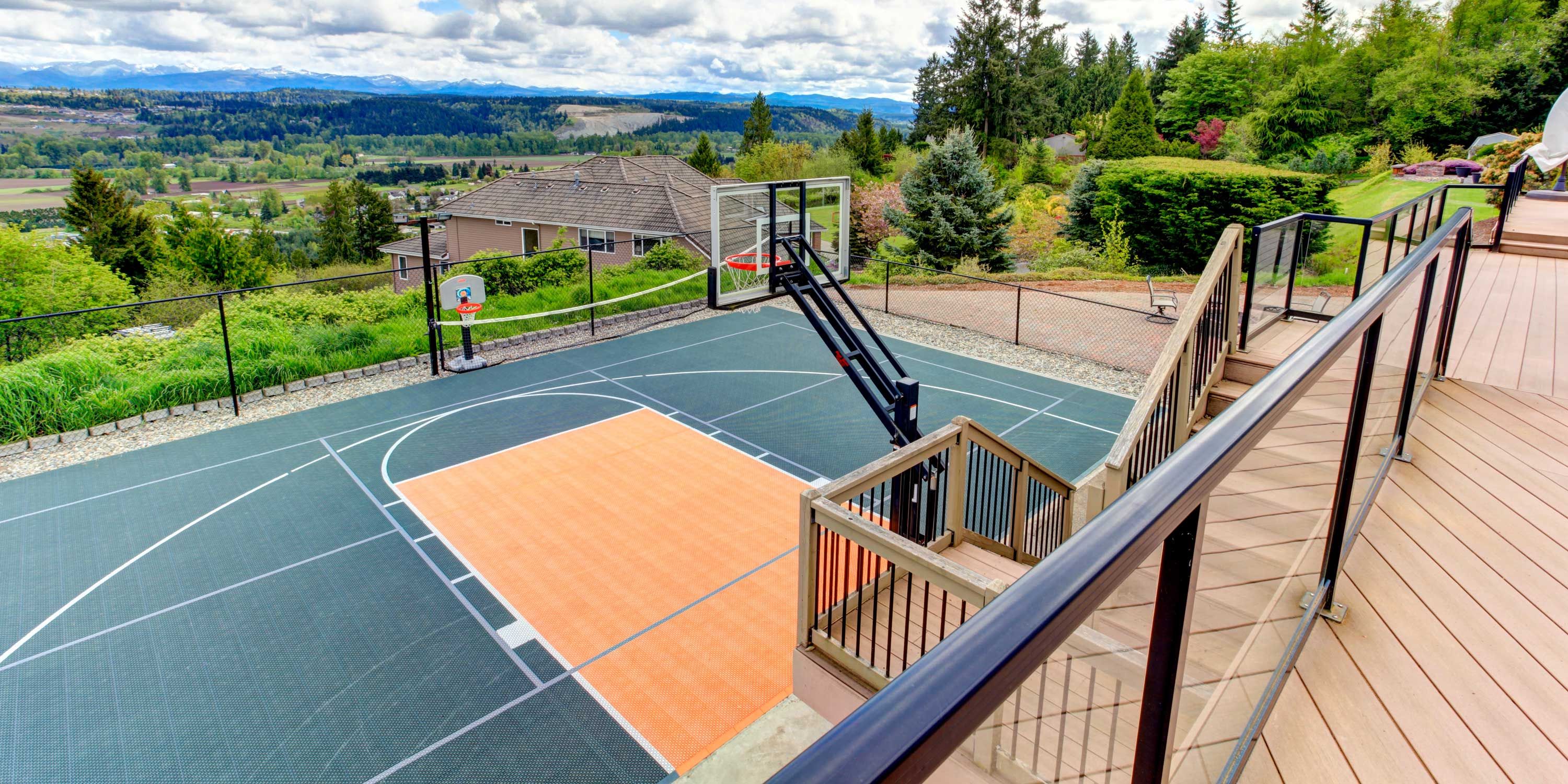 Backyard, basketball court, mountains, trees
