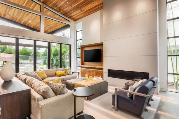Living room with wooden tall ceilings