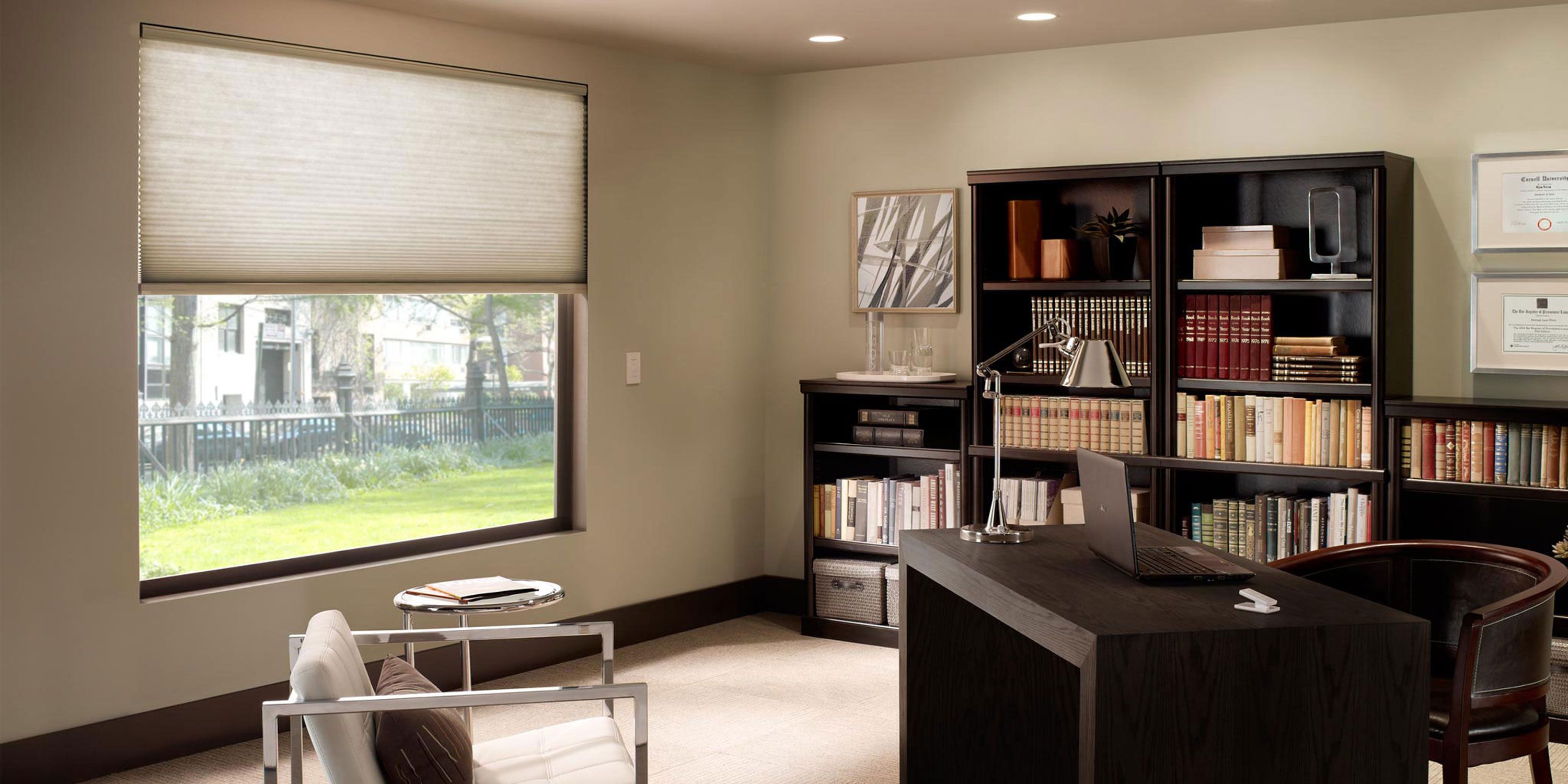 home office, window treatments shades, bookshelves, wooden desk