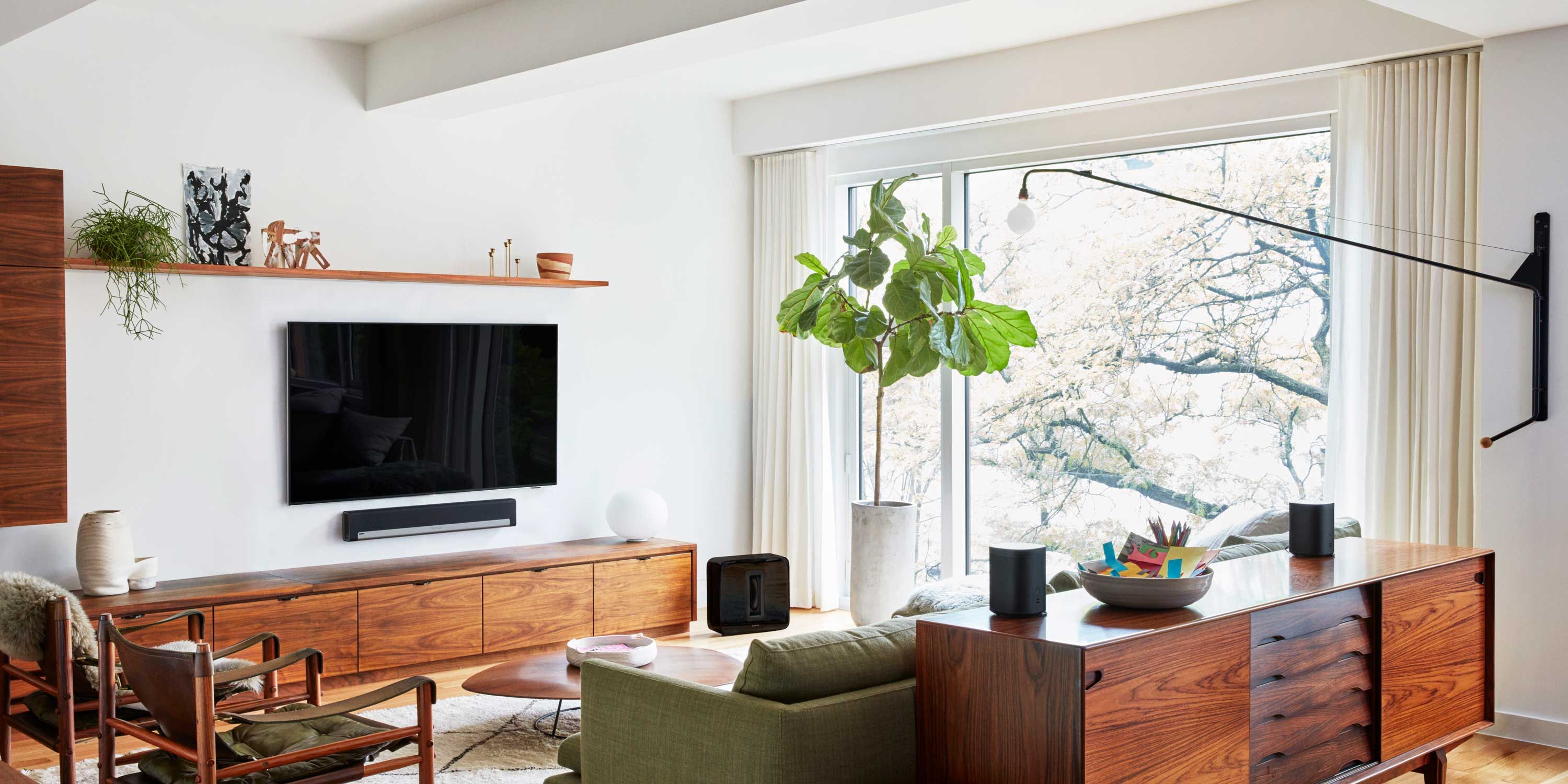 Living room, Wood Furniture, tv, fiddle leaf fig